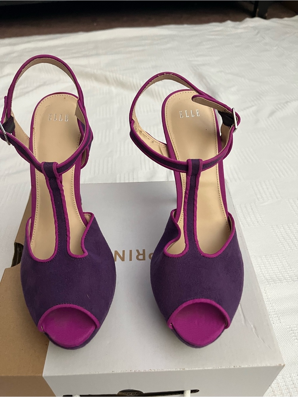 Elle Purple Suede T-Strap Peep-Toe Heels with Fuchsia Trim
